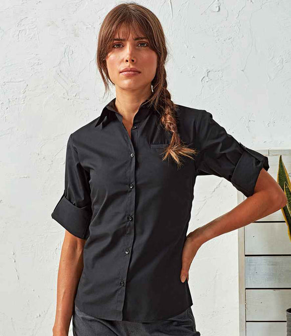 Premier Ladies Roll Sleeve Poplin Blouse