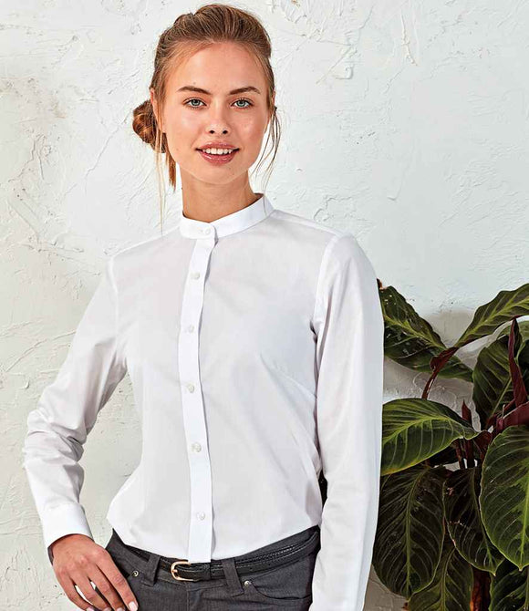 Premier Ladies Banded Collar Grandad Shirt | White